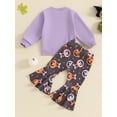 thumbnail image 6 of Elippeo Toddler Girls Halloween Outfits 6 12 18 24 Months 3 4 5 Years Letter Print Long Sleeve Sweatshirt and Pumpkin Print Flare Pants Set 2 Piece Clothes, 6 of 9