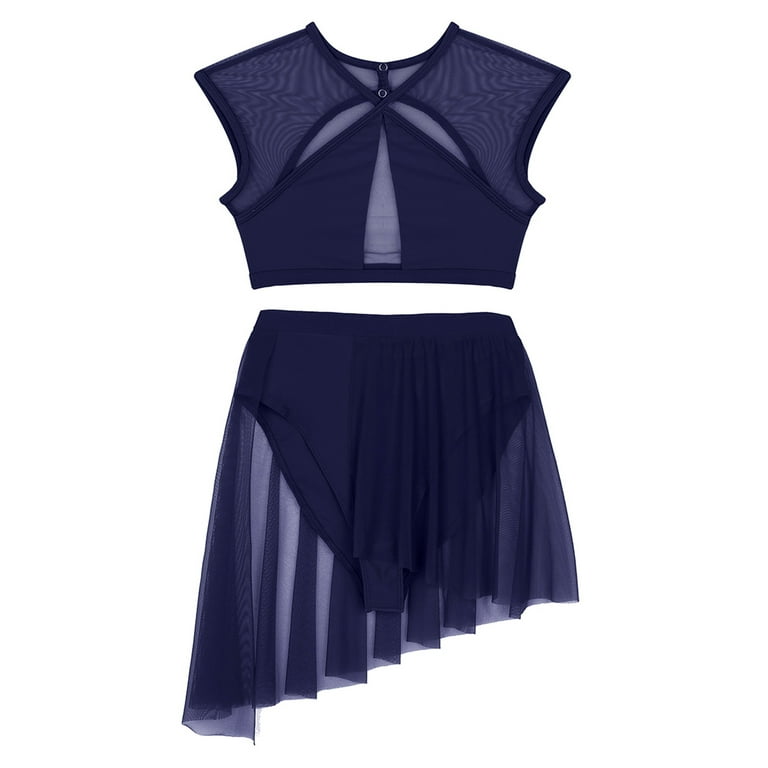 YEAHDOR Womens Sports Dance Mesh Splice Crop Top with Skirt Ballet Gymnastics Outfit Lyrical Dance Costume A Navy Blue Small