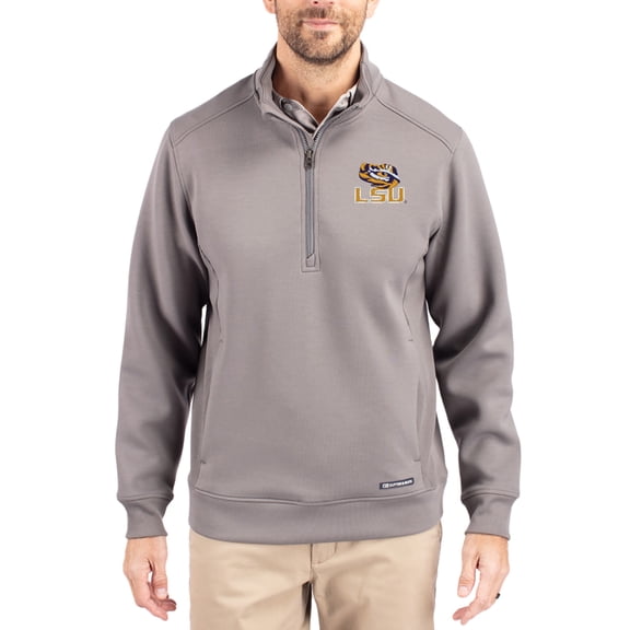 Men's-Cutter & Buck  Gray LSU Tigers Roam Eco Recycled Quarter-Zip Pullover