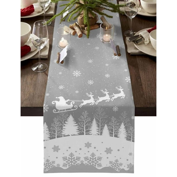Grey Christmas Dresser Scarf Farmhouse, Dining Table Decorations for Wedding/Parties, Xmas Elk Tree Snowflake Table Runner 72 Inches Long for Kitchen Dining, 16 x 72 In