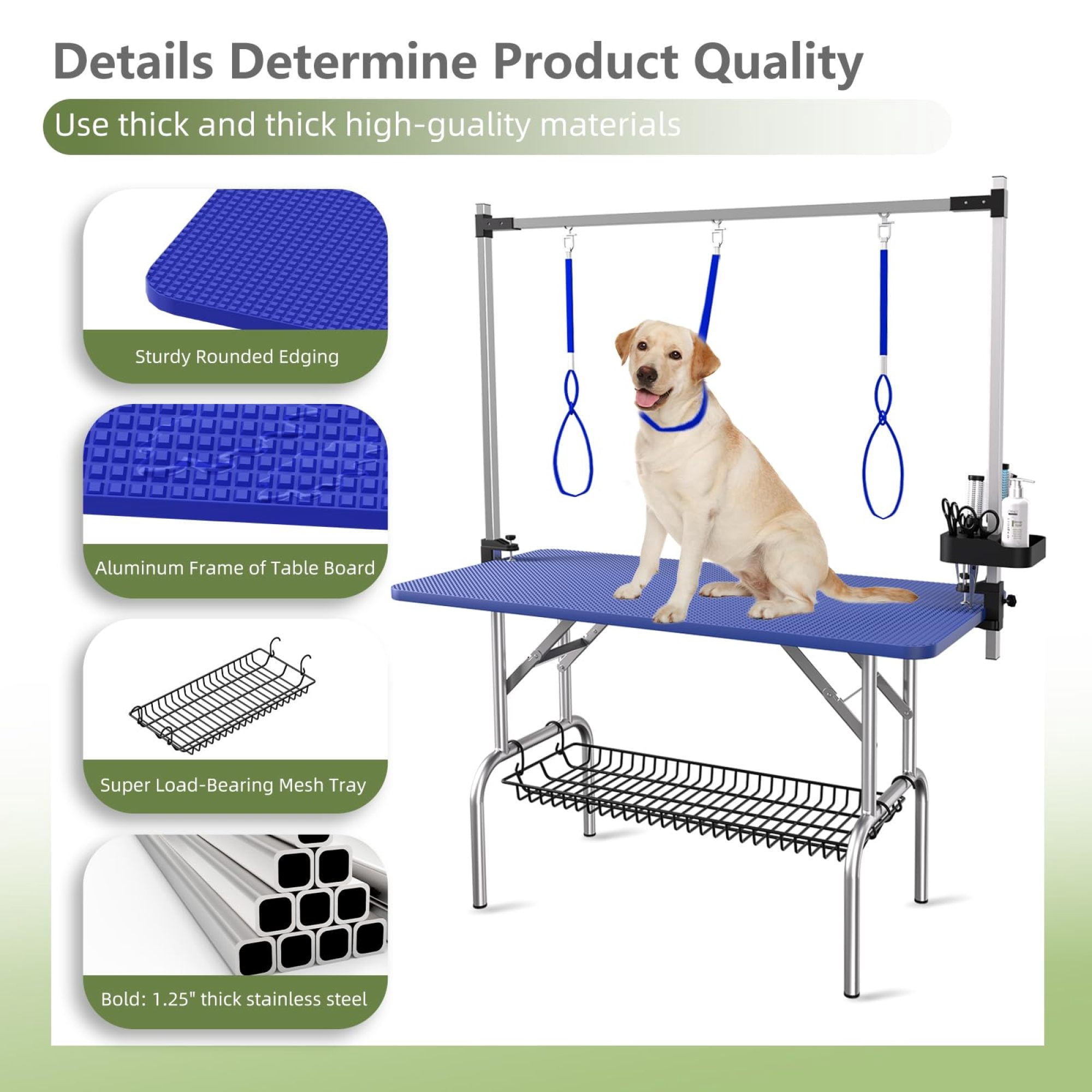 Leumius 47Inch Blue Pet Grooming Table, Stainless Steel Foldable Grooming Table for Dogs at Home Adjustable Height Arms Pet Station with Nooses, Mesh Tray, Tool Organizer