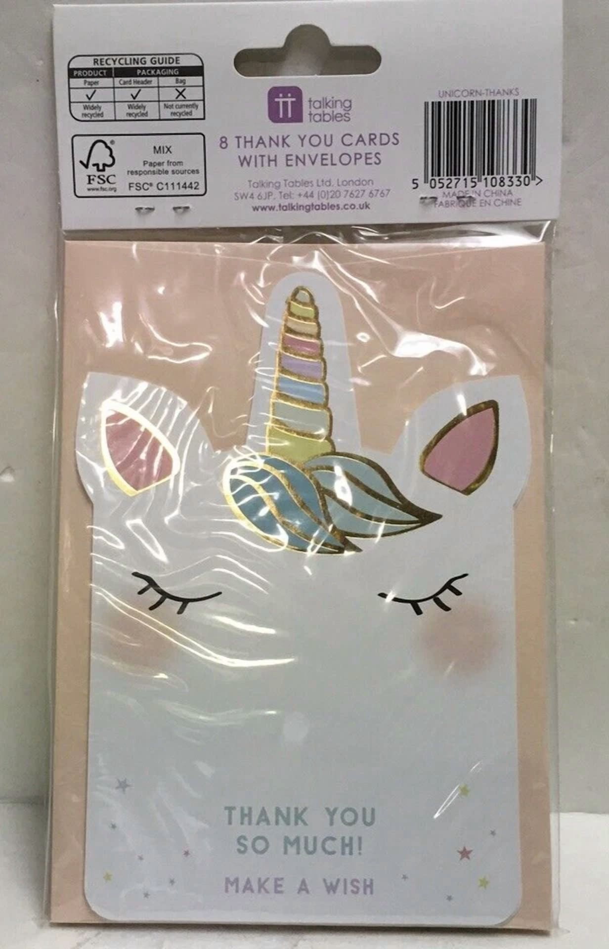 Unicorn Thank You Cards + Pink Envelopes Pack Of 8 ( Talking Tables ) Nip