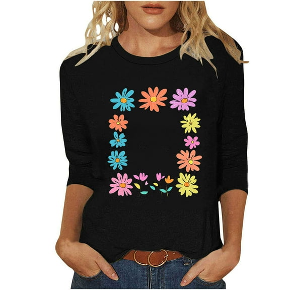 Women's T-Shirts Cute Daisy Floral Graphic 3/4 Length Sleeve Tops Plus Size Round Neck Tunic Blouse