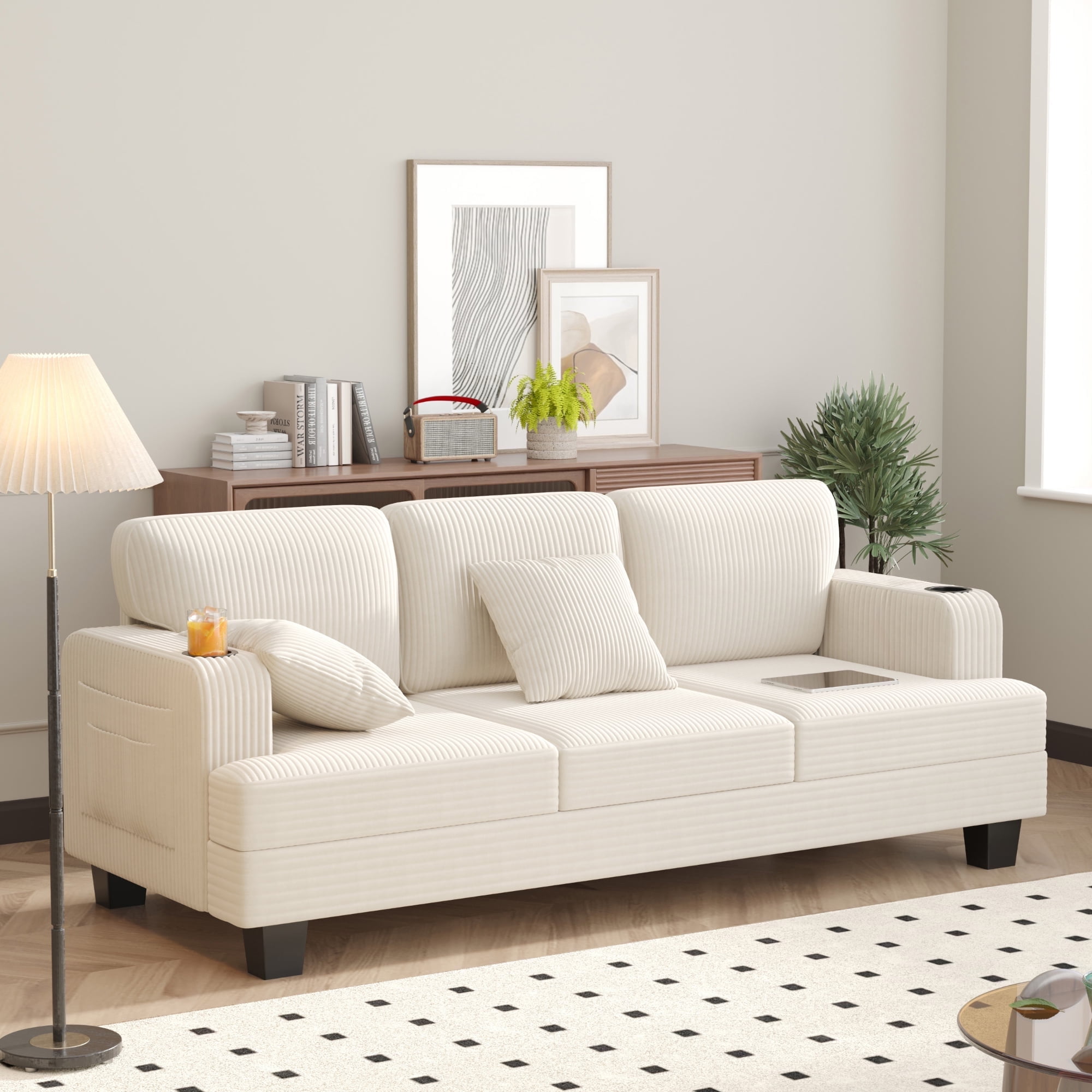 Furmax 84''W 3 Seat Sofa Couch Wide Armrest Modern Fabric Sofa with USB Charging Ports Corduroy Couch for Living Room,Beige