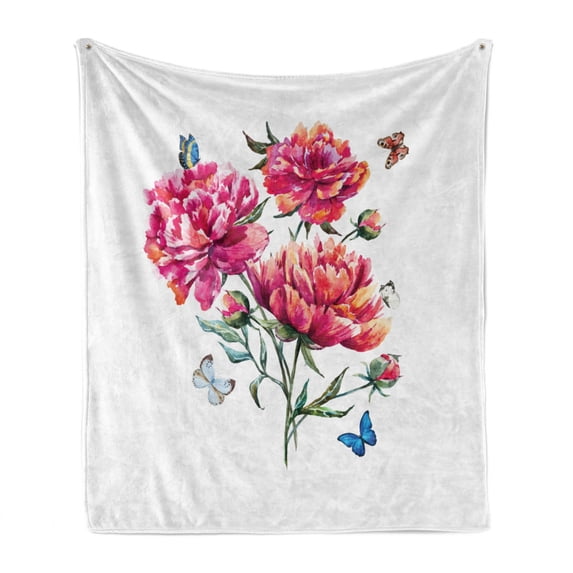 Watercolor Flowers Soft Flannel Fleece Throw Blanket, Vibrant Carnation Bouquet Surreal Spring with Butterfly Spring Buds, Cozy Plush for Indoor and Outdoor Use, 70" x 90", Multicolor, by Ambesonne