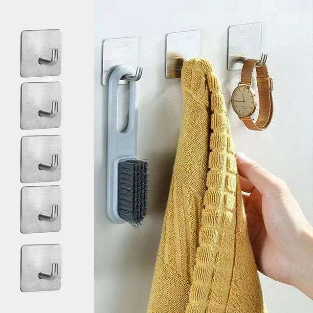 ganchos autoadhesivos para pared | Ganchos de acero inoxidable cepillado para baño y cocina | Ganchos adhesivos sin taladro para toallas y albornoces, para azulejos y vidrio | Cinta adhesiva 3M
