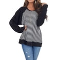 thumbnail image 5 of hgsbede Women's Round Neck Striped Long Sleeve Black Loose Pullover T-Shirt, 5 of 9