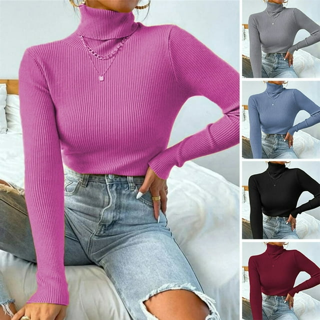 Turtleneck Long Sleeves Ribbed Thick Women Knitwear Winter Solid Color Slim Fit Warm Pullover Sweater