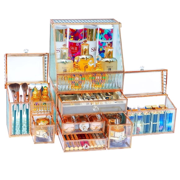 Youdepot Organizador de Maquillaje Organizador de Cosméticos de Encimera Vidrio Templado Vitrinas de Cosméticos Multifuncionales 5 en 1 Organizador de Tocador Apilable Organizador de Joyas y Maquillaj