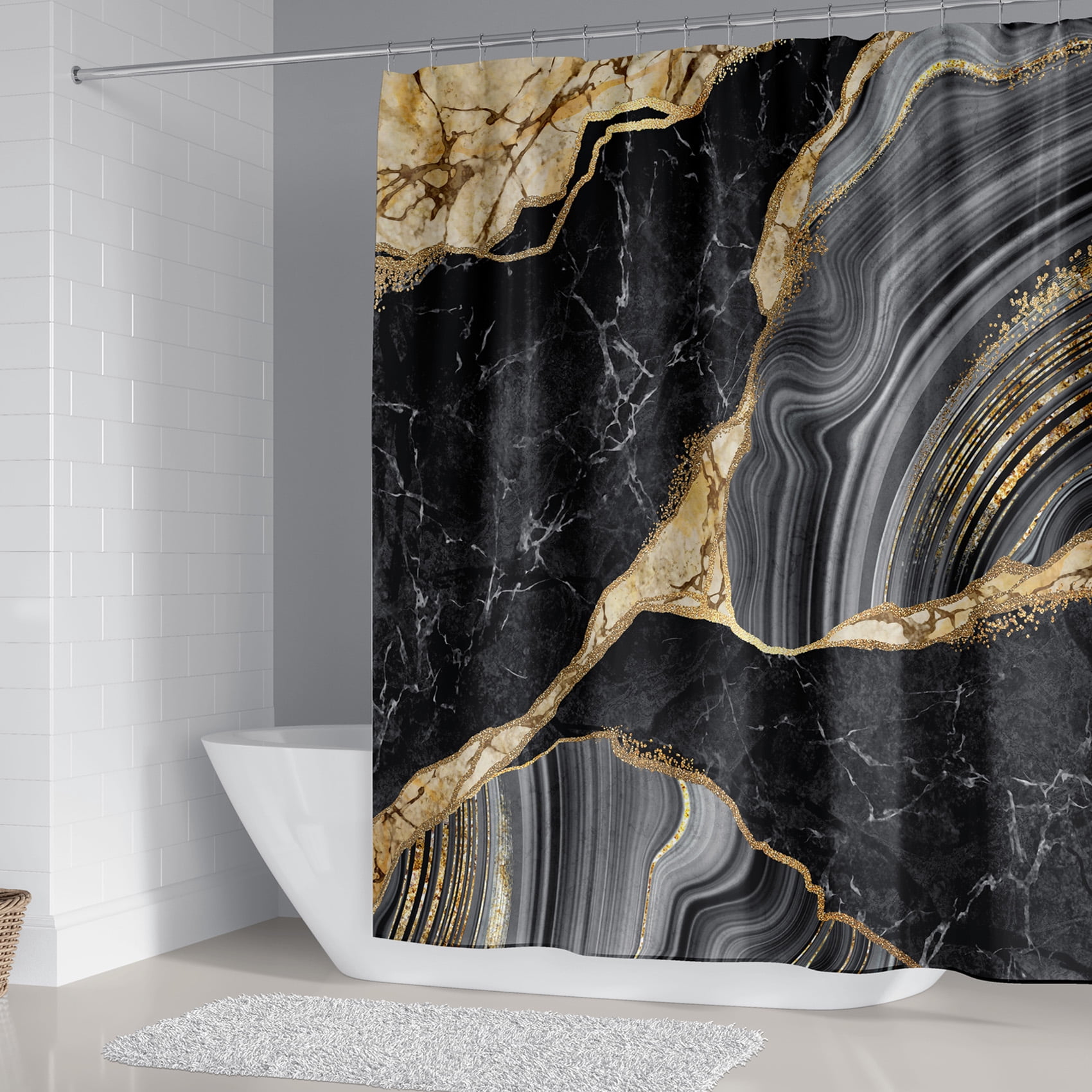 4Pcs Marble Shower Curtain Sets, Bathroom Decor Sets, Luxury with 12 Hooks, Bath Mat, Toilet Lid Rug and Non-Slip U Shape Mat Accessories, 72 x 72 Inch, Black