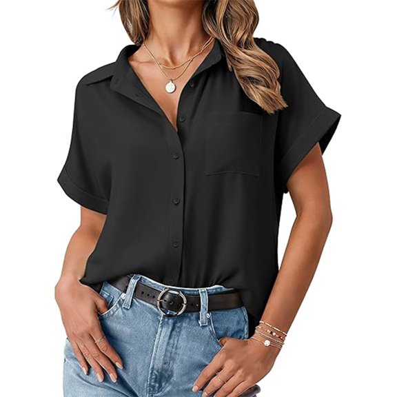 LWavelet Womens Plus Size Collar Short Sleeve Blouse Pocket Summer Work Wear Daily Casual Versatile Top Black S