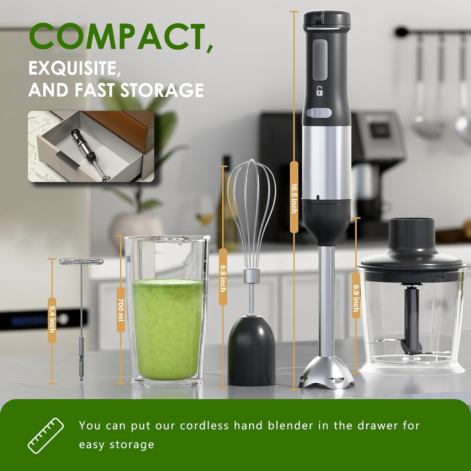 Cordless Immersion Hand Blender 5-in-1 with 2000mAh Battery, BPA-Free Stainless Steel Accessories for Smoothies and Soups