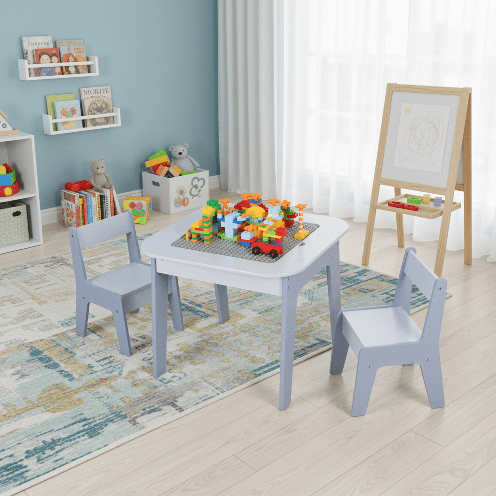 TLSUNNY Kids Table and 2 Chairs Set with Storage, Toddler Activity Table Set, Blackboard, Whiteboard & Building Blocks Tabletop, for Kids Ages 3+