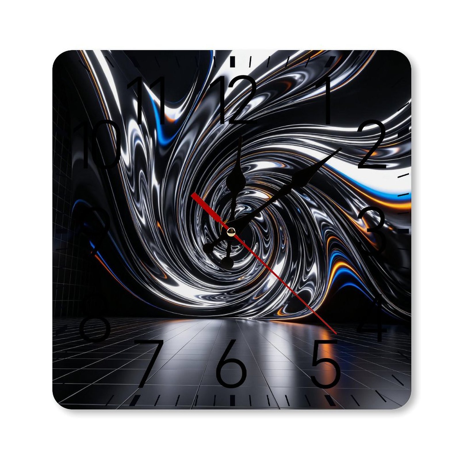 RKSupls 10×10inch Square Silent Wall Clock Wooden Frame, Liquid Chrome Swirl Abstract Scale Decorative Clock for Home Bedroom Living Room Office