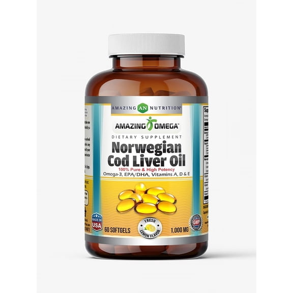 Amazing Omega Norwegian Cod Liver Oil 1000 Mg Per Serving 60 Softgels Supplement | Lemon Flavor | Non-GMO | Gluten-Free | Rich Omega-3, EPA, DHA, Vitamin A, D & Vitamin Supplements