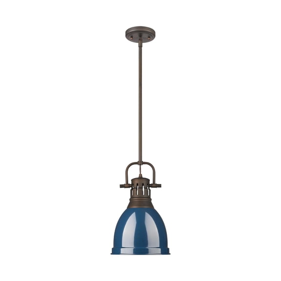 Yep by Golden Lighting Duncan 1-light 9in Rod Hung Pendant in Rubbed Bronze and Navy Blue shade