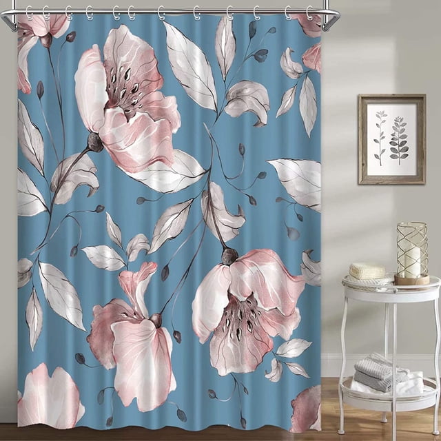 Cortinas de ducha florales para baño, juego de cortinas de ducha con flores rosas, grises y rosas, tela de fondo azul, impermeable, lavable, 72 "× 72"