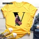 thumbnail image 3 of Venta caliente de flores de gran tamaño 26 letras en inglés negro moda tendencia estampado hombres y mujeres Casual camiseta amarilla de manga corta, 3 of 5