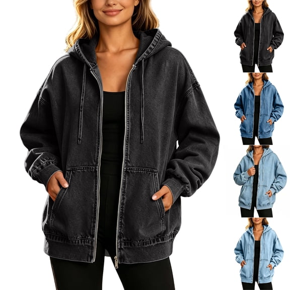 TGSLY Women's Denim Drawstring Hoodies Lightweight Zip Up Long Sleeve Hooded Jacket Relaxed Casual Solid Color Jean Cardigan Coat with Pockets L