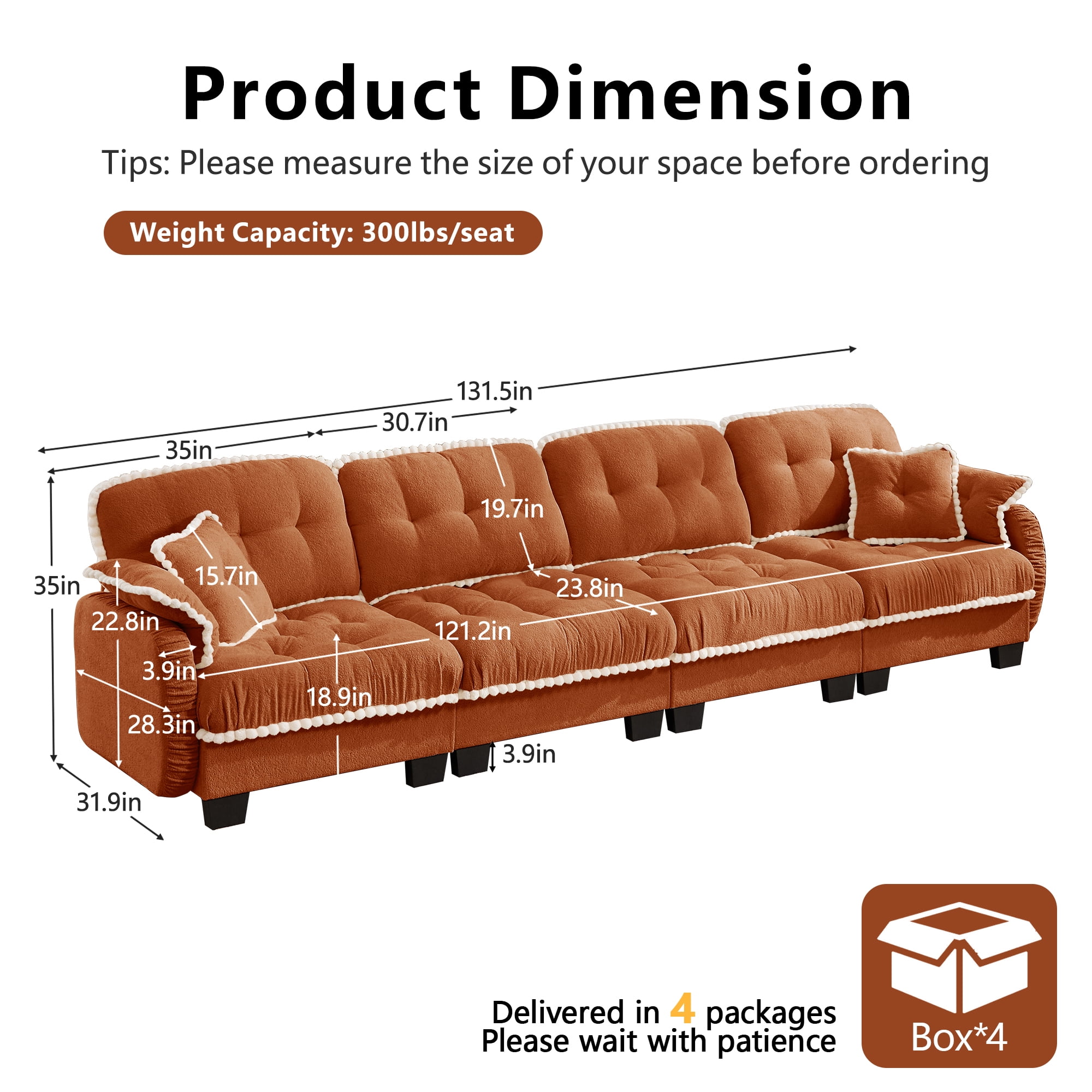 Anpport 131" Chenille Cloud 4‑Seater Sofa with 4 Pillows, Pom‑Pom Trim, Quilted Tufted Ergonomic, Easy Assembly Deep Seat for Living Room Apartment, Orange