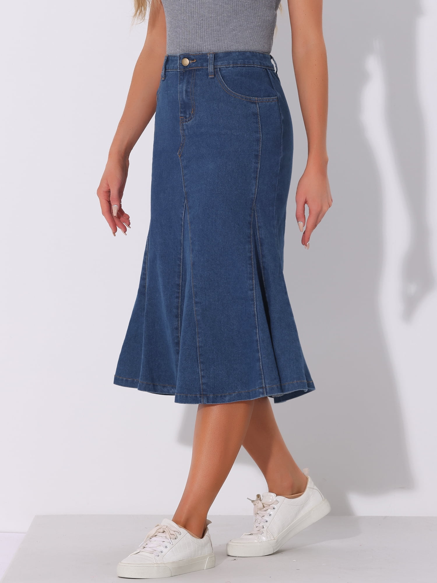 DARING DIVA Women's High Waisted A-Line Flared Midi Casual Denim Skirt S Medium Blue