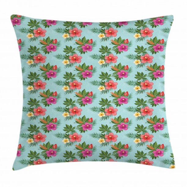 Hawaii Throw Pillow Cushion Cover, Blossoming Hibiscus Flower with Fern