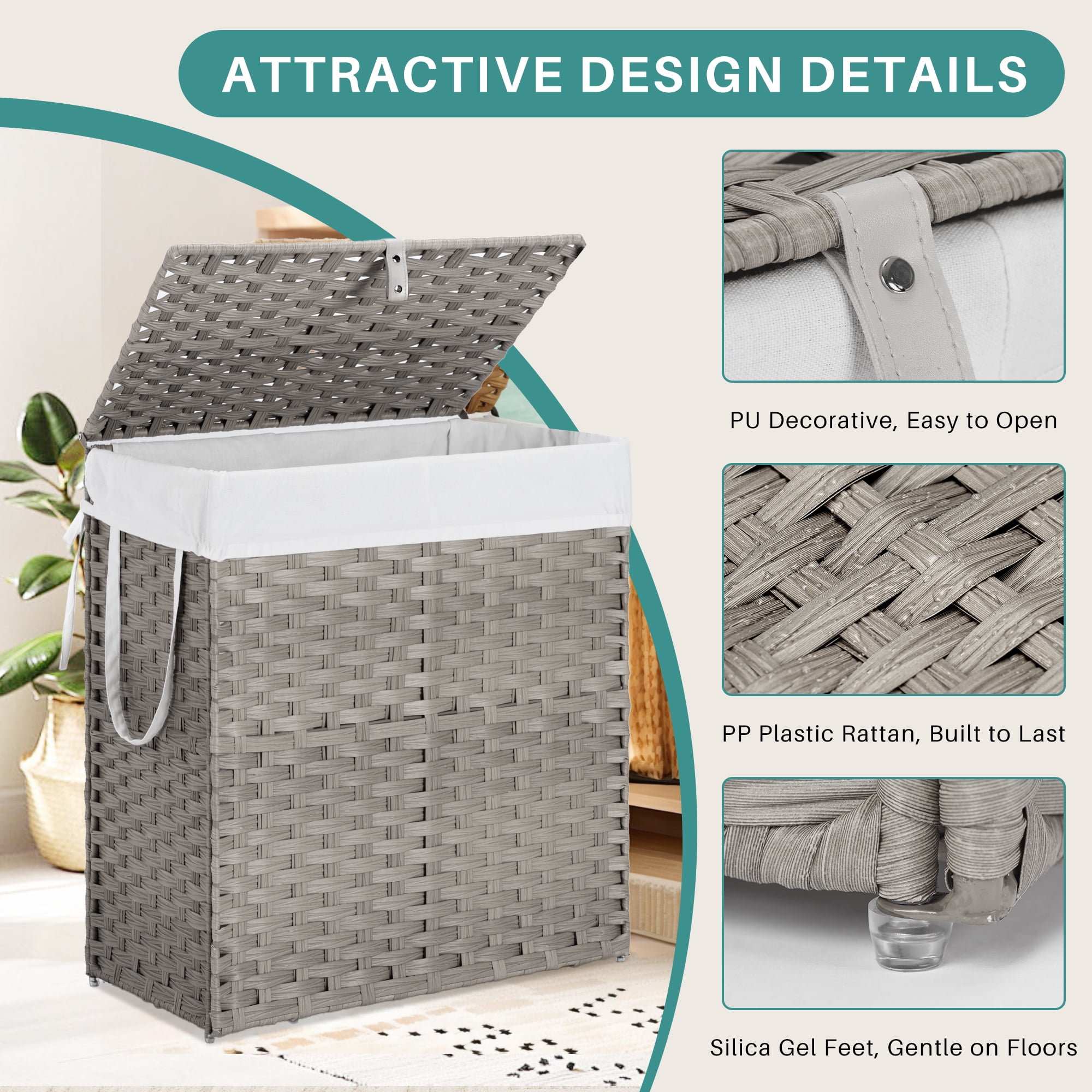 110L Foldable Laundry Hamper with Lid and Removable Liner, Wicker Basket for Bedroom & Bathroom, Gray
