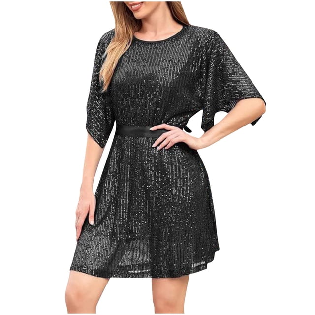 AherBiu Robe à Paillettes pour Femmes, Manches Courtes, Col Ras du Cou, Coupe Ample, Taille Ceinturée, Robe de Fête Scintillante et Brillante