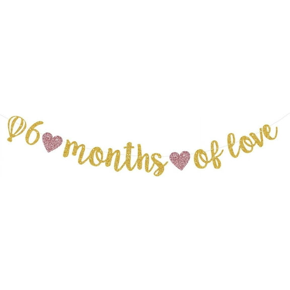 6 Months of Love Banner Gold Glitter,Happy 6 Month, 1/2 Birthday Baby Shower Party Decorations， Half Birthday Decorations Backdrop for Baby Shower.