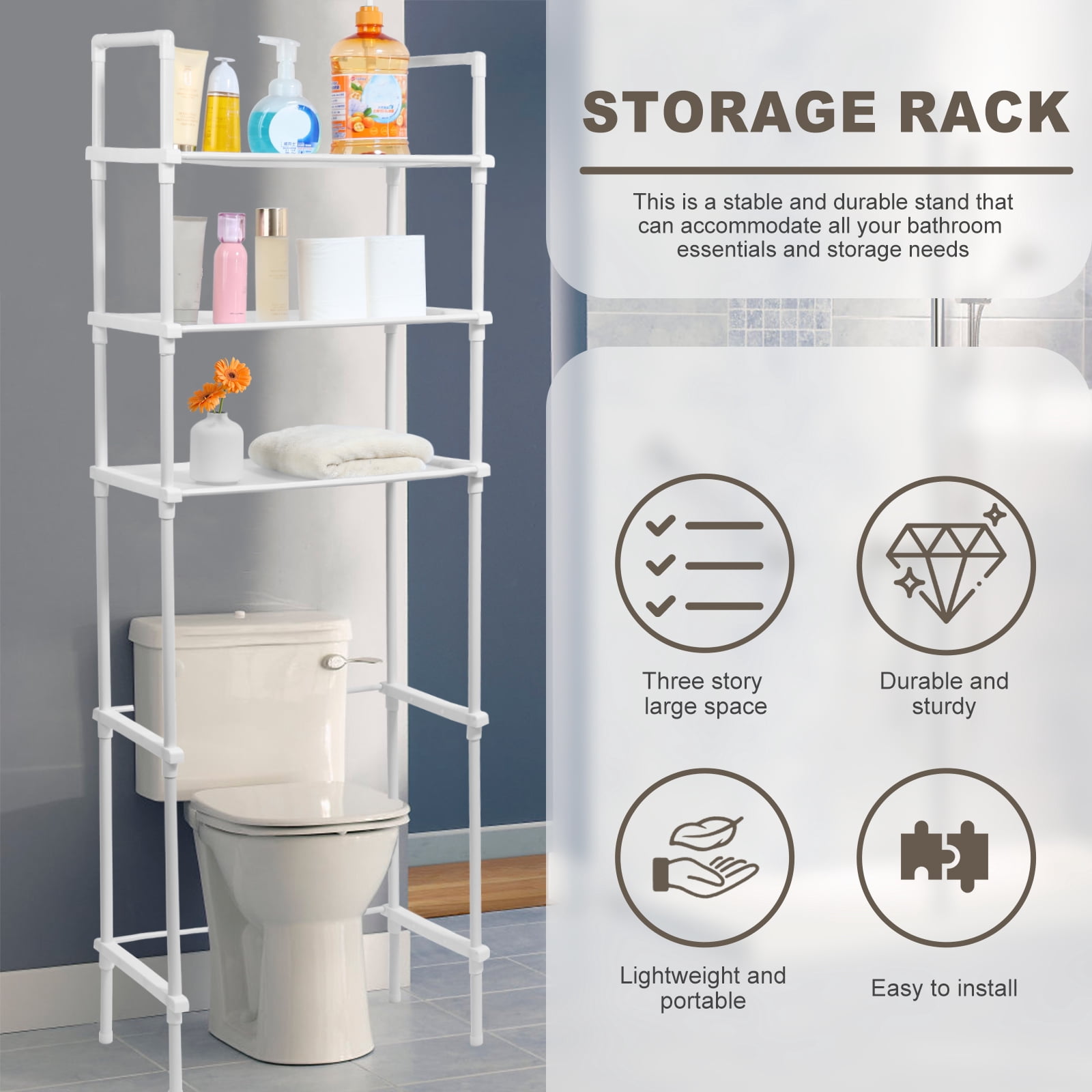 Dznils Over the Toilet Storage Shelf, 3-Tier Steel Bathroom Storage Organizer Space Saver, White
