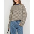 thumbnail image 5 of Women'S Striped Long Sleeve Shirts Drop Shoulder Sweatshirt Crewneck Color Block Pullover Tops Beige L, 5 of 9