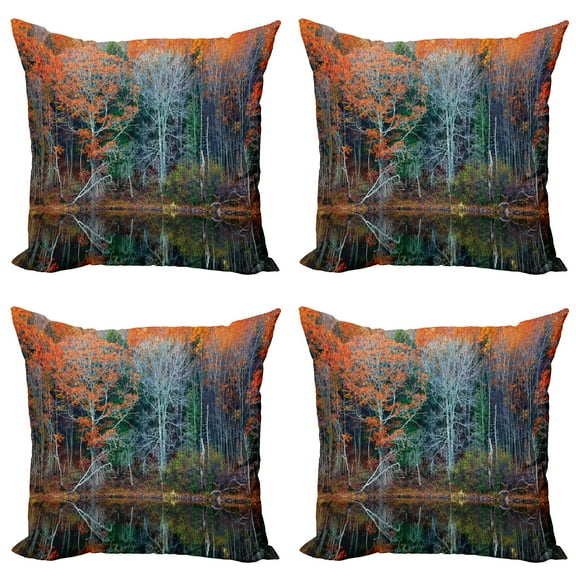 Ambesonne Fall Throw Pillow Cover 4 Pack, Forest River Autumn, 20", Brown and Red