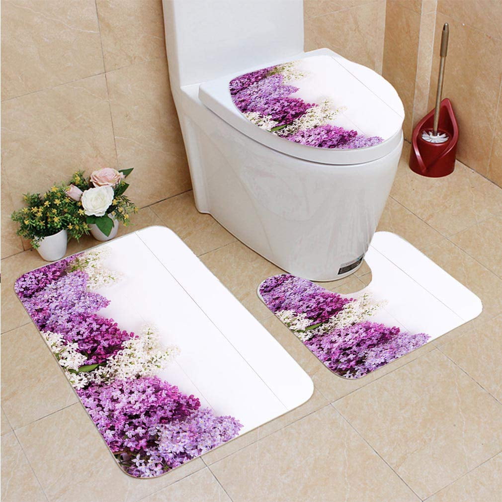 GOHAO Lilac Flowers 3 Piece Bathroom Rugs Set Bath Rug Contour Mat and