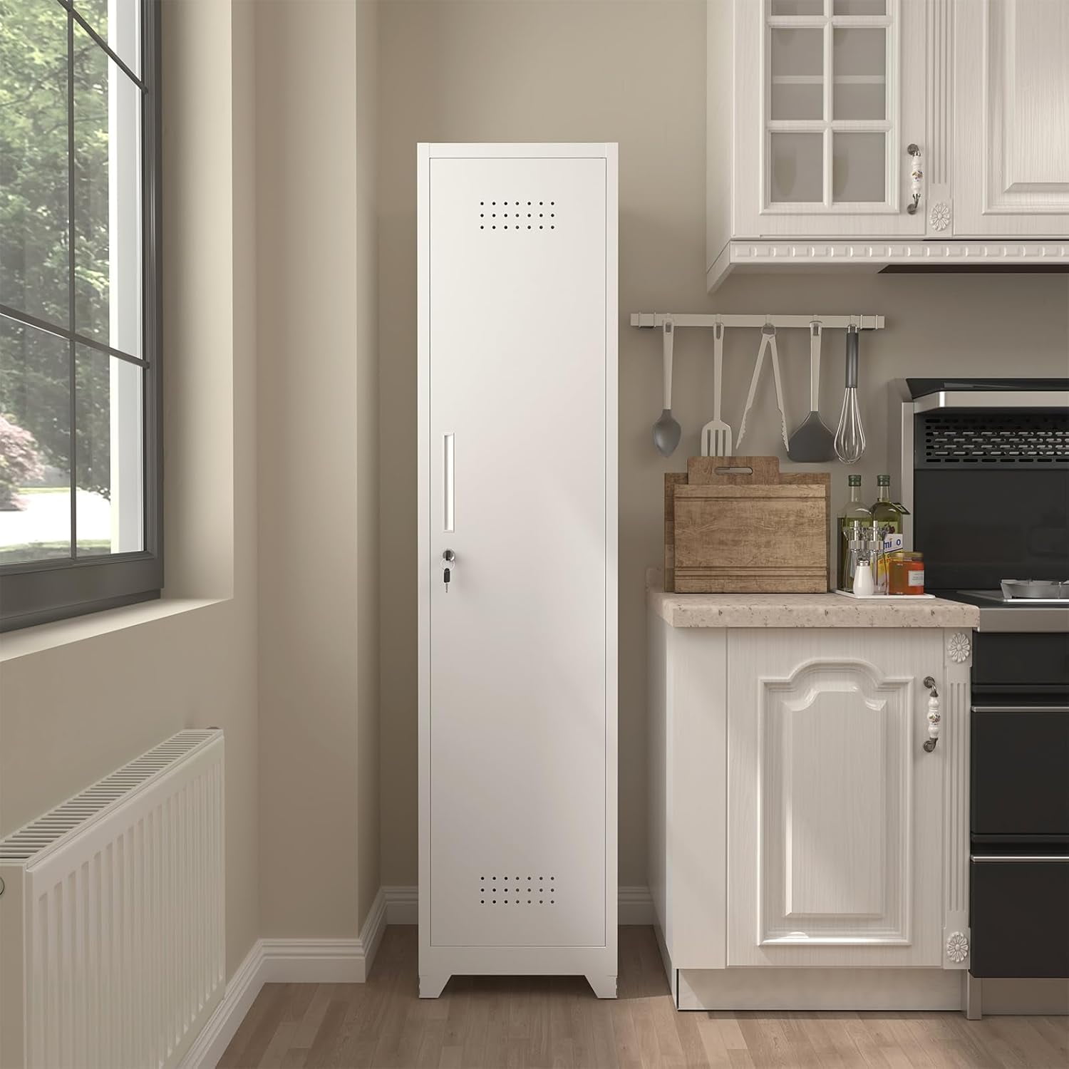 Marcree Slim Broom Storage Cabinet, Metal Cabinet with Shelves and Hanging Rod, 65" Utility Storage Cabinet with Locking Door, Tall Cleaning Storage Cabinet for Kitchen, Pantry, Office, Shop, Garage