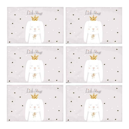 

MKHERT Cute White Bunny Little Rabbit Princess with Golden Crown Placemats Table Mats for Dining Room Kitchen Table Decoration 12x18 inch Set of 6