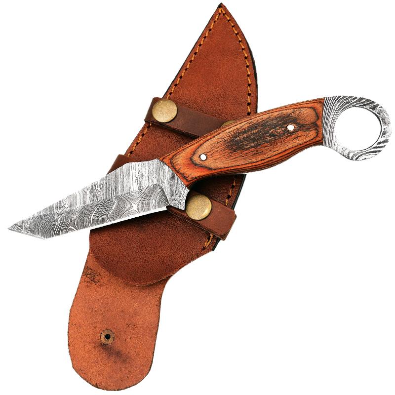 9 inch Red Deer Full Tang Damascus Hunting Knife Wood Handle and