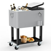 SHAREWIN Cooler Cart with Wheels, 60 Quart Portable Outdoor Beverage Cooler with Bottle Opener & Cap Collector & Bottom Storage Tray for Patio Backyard Party Drink Standing Coolers Trolley(Silver)