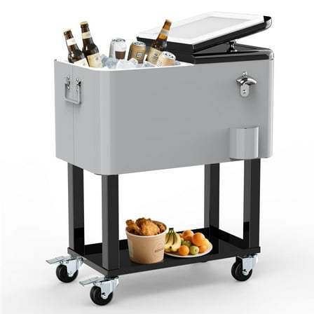 SHAREWIN Cooler Cart with Wheels, 60 Quart Portable Outdoor Beverage Cooler with Bottle Opener & Cap Collector & Bottom Storage Tray for Patio Backyard Party Drink Standing Coolers Trolley(Silver)