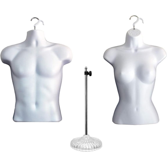 Male Female Dress Form Mannequin Body Torsos with One Stand (White) and 2 Hangers