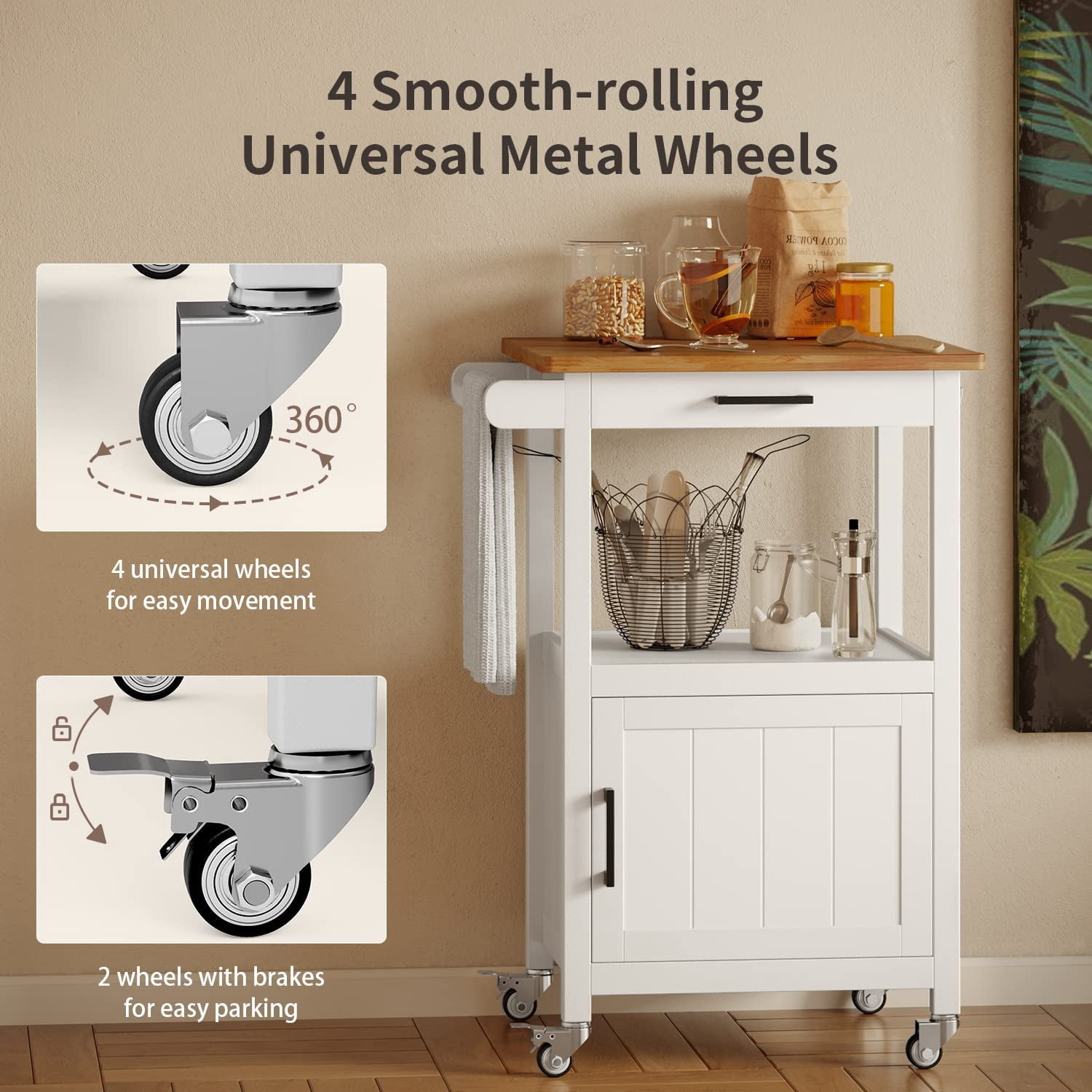 Microwave Stand, Lofka Kitchen Island Cart with Cabinet, Microwave Cart with Storage Drawer, Towel Rack, Hooks, White(Carrito de isla de cocina)