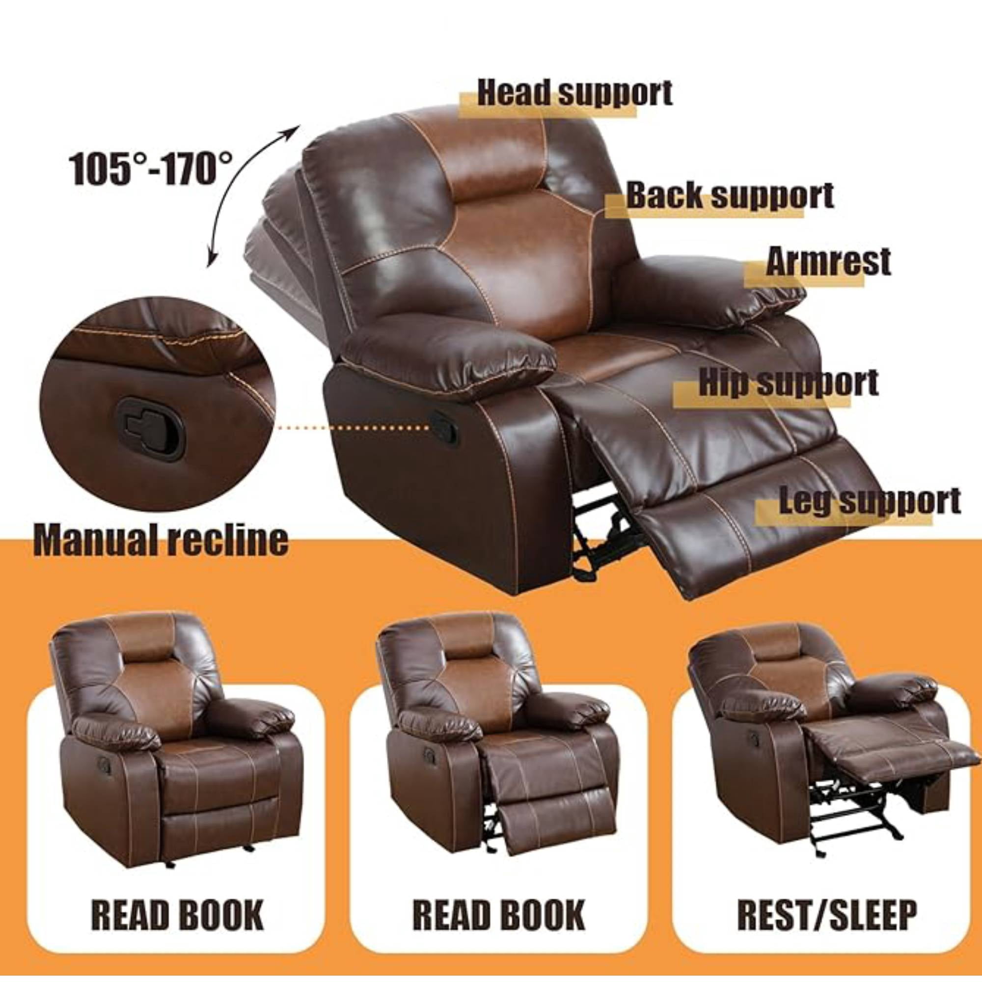 Leather Recliner Chair, Manual Reclining Chair Single Sofa Chair for Living Room,Bedroom, Brown