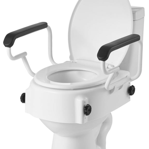 KFFKFF Raised Toilet Seat with Arms, 300 lbs Capacity, Adjustable Height in 3 Levels, Wide Elevated Commode Seat with Cushioned Handles for Seniors, Adults, and Individuals with Disabilities