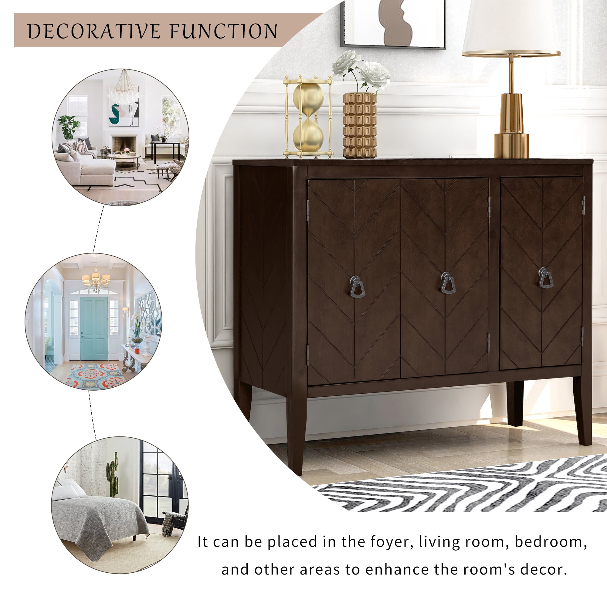 Aukfa Wood Accent Cabinets with 3 Doors,Buffet Storage Cabinet for Hallway, Entryway, Living Room,Brown