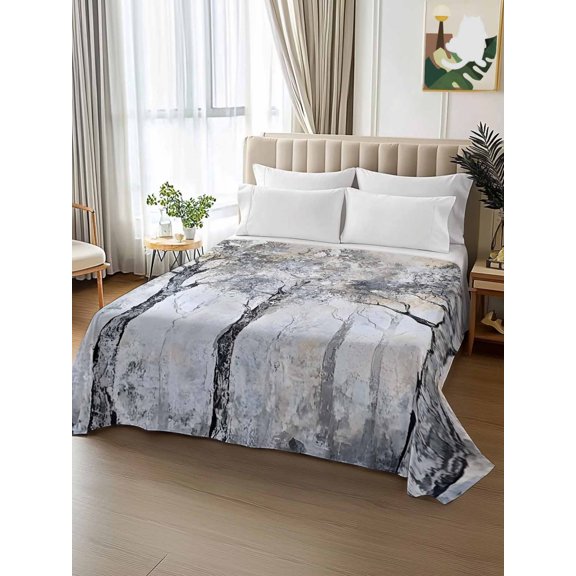 King Size Flat Sheet Only,Forest Tree Watercolor Leaves Soft Top Bed Sheets Breathable Bedding Sheet Retro Oil Painting Microfiber Hotel Luxury Top Sheets