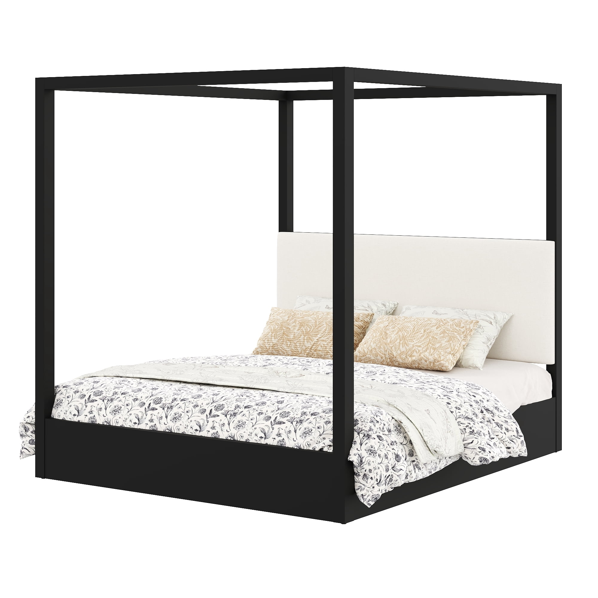 Euroco Wood King Size Canopy Bed with Upholstery Headboard, Espresso