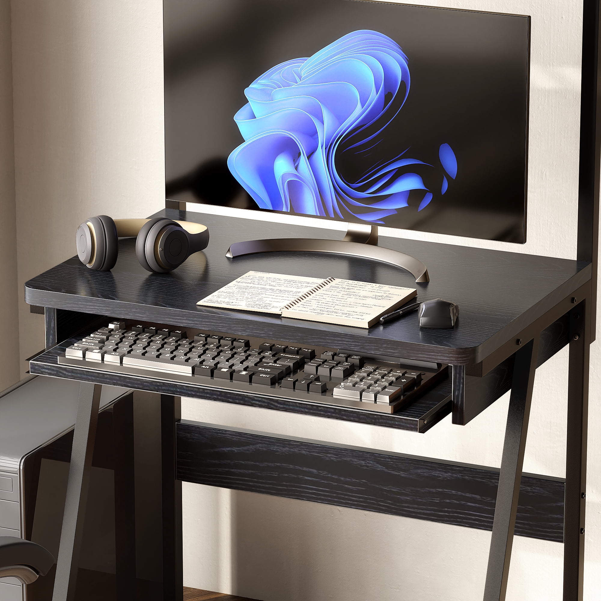 NEWSENDY 2 Tiers Small Computer Desk for Small Space, Compact Laptop Table Workstation with Keyboard Tray, Study PC Table for Home Office, Black