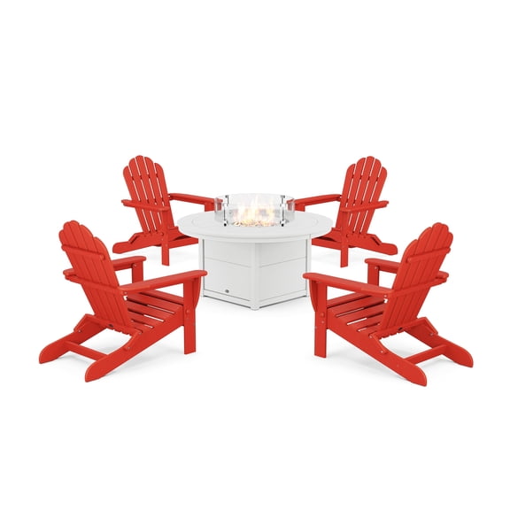 Trex Outdoor Furniture 5-Piece Monterey Bay Folding Adirondack Conversation Set with Fire Pit Table in Sunset Red