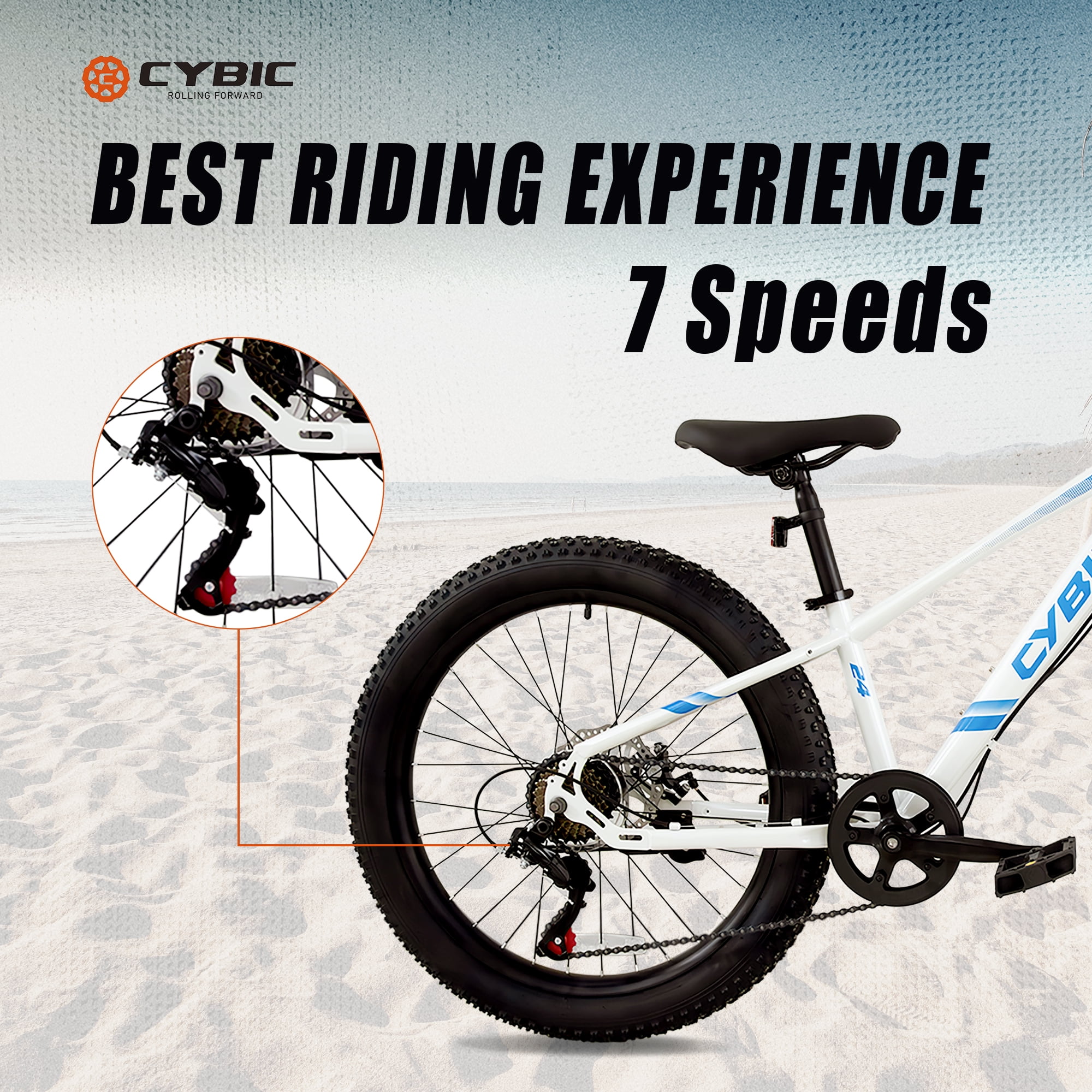 Cybic Fat Tire Mountain Bike 24 inch, 7 Speeds, Double Disc Brake Bicycle, White Blue