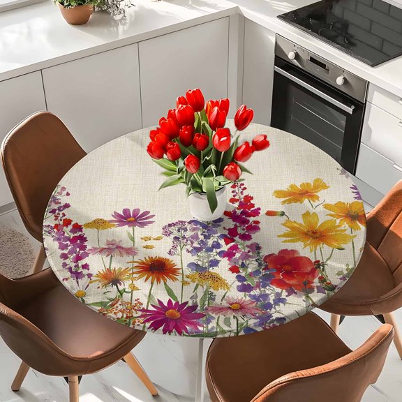 Spring Floral Botanical Elastic Fitted Round Tablecloth Watercolor Flowers Country Waterproof Outdoor Table Cover for Holiday Party, Picnic, Patio & Dining Fits Tables Up to 36"-44"