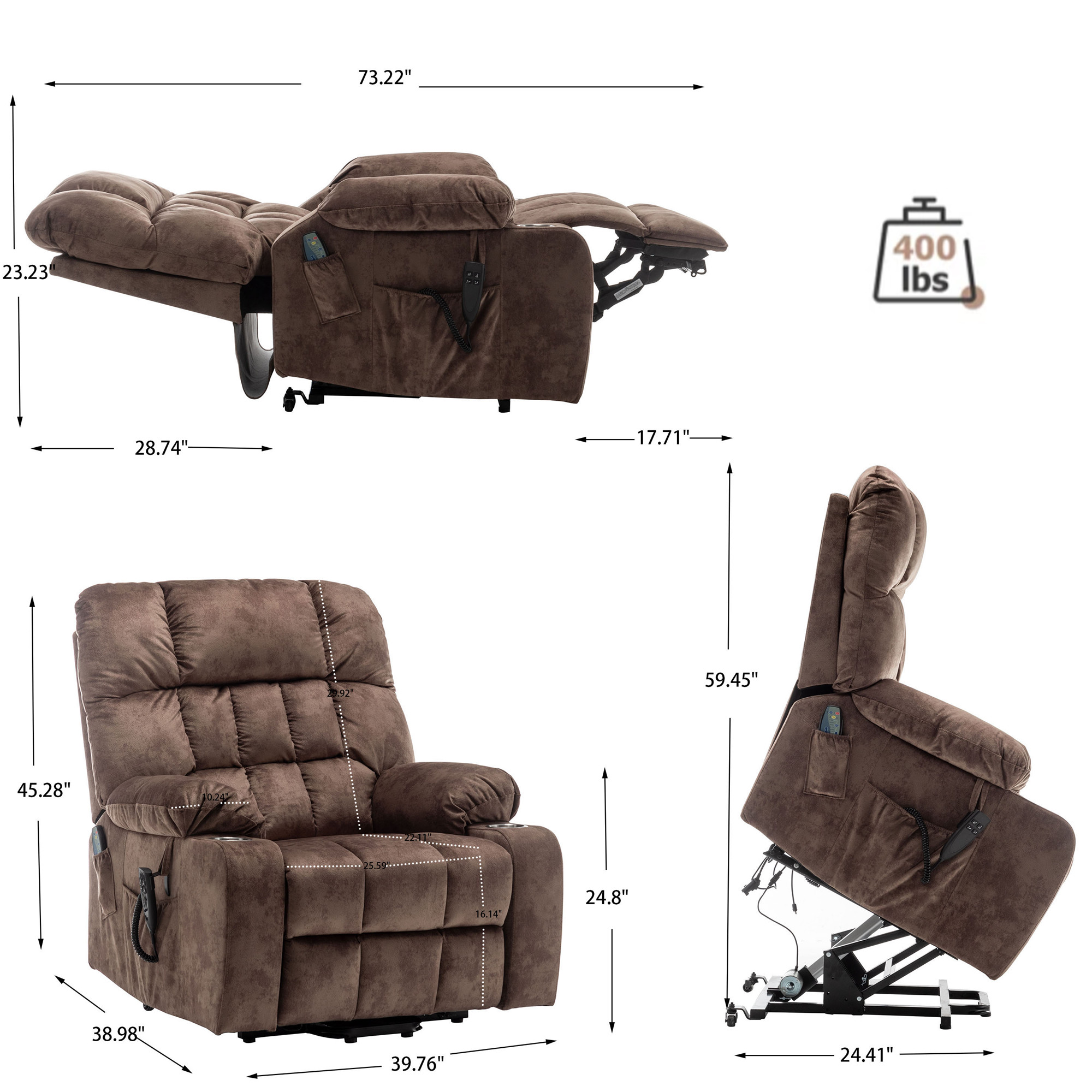 LITVZ Power Lift Recliner Chair with Massage and Heating for Elderly, Oversized Lay Flat Recliner, Big and Tall 350lbs, Dual Motors, 2 Cup Holders, Heavy Duty Lift Chair for Adults
